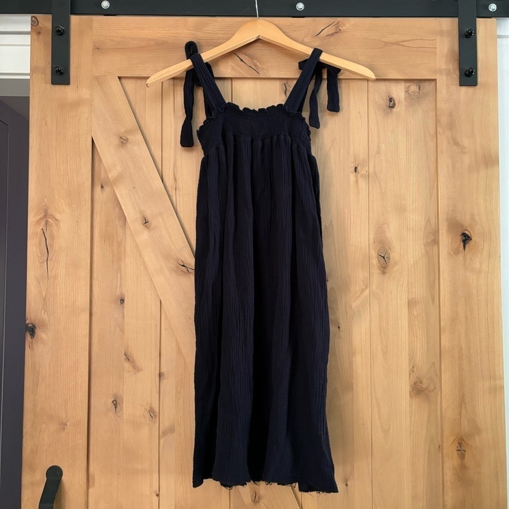 NATION LTD Sleeveless Smocked Gauze Cotton Dress Navy Blue Size Small Raw Hem